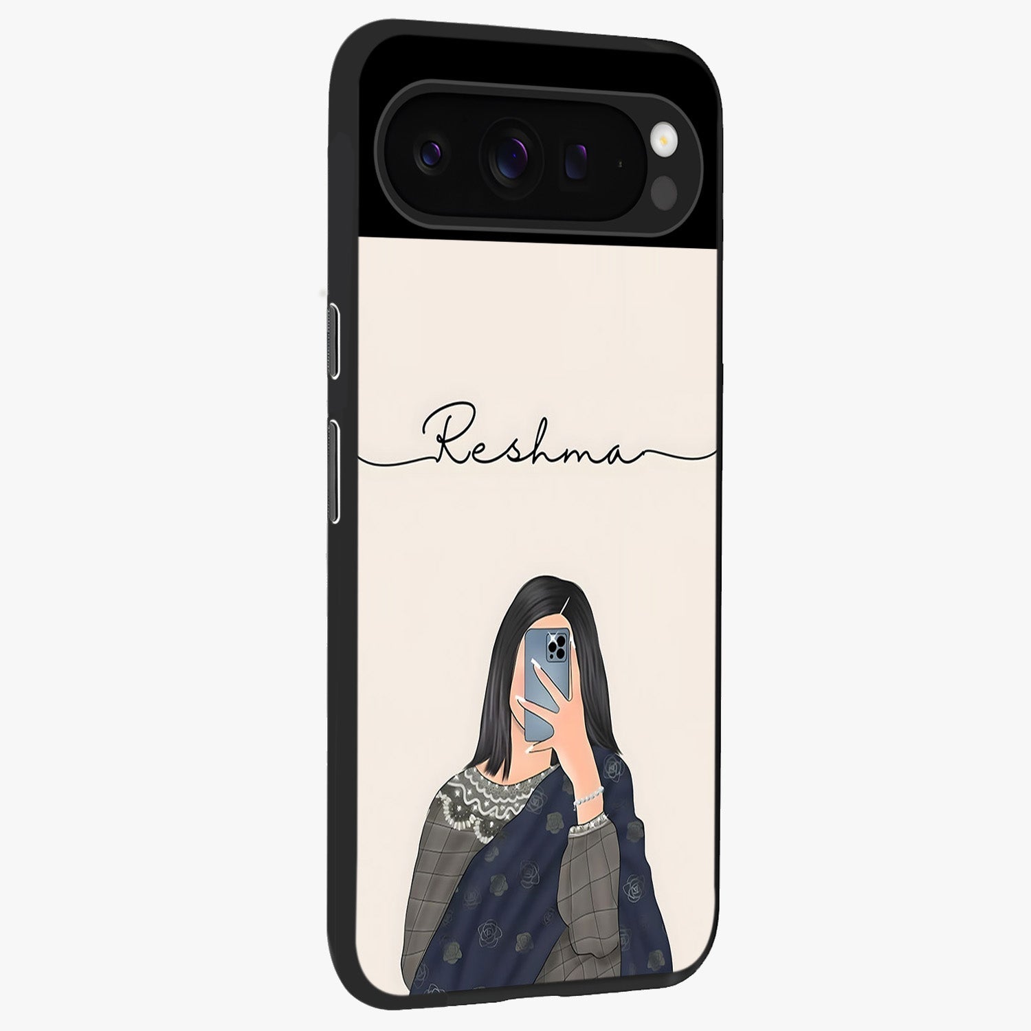 Mirror Mood Muse With Custom Name Glass Case upright view showcasing artistic mirror themed artwork with personalized aesthetic.