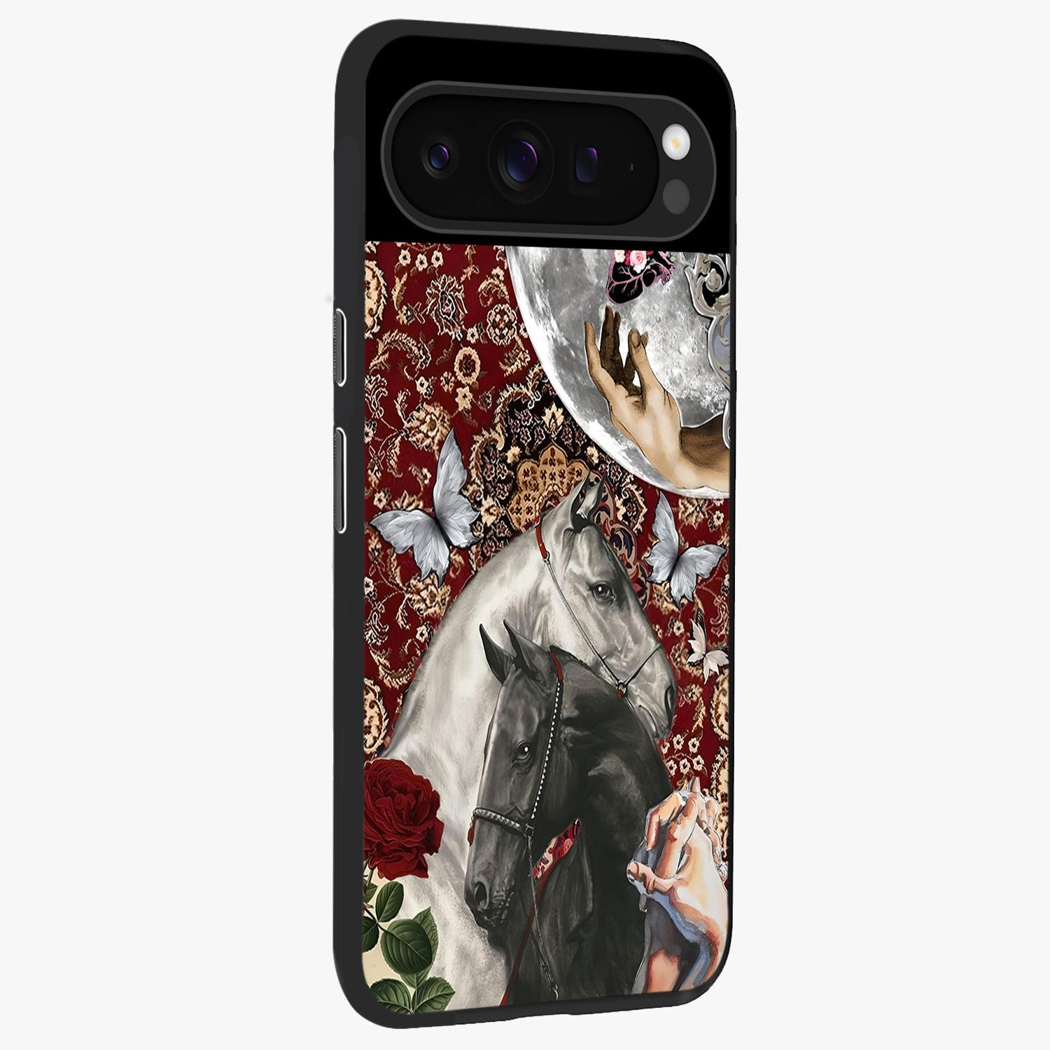Moonlit Royal Stallion Glass Case upright view showcasing dramatic horse artwork with glowing moon themed design.