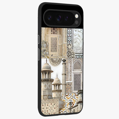 Mughal Marble Legacy Glass Case upright view showcasing ornate Mughal design with luxurious traditional theme.