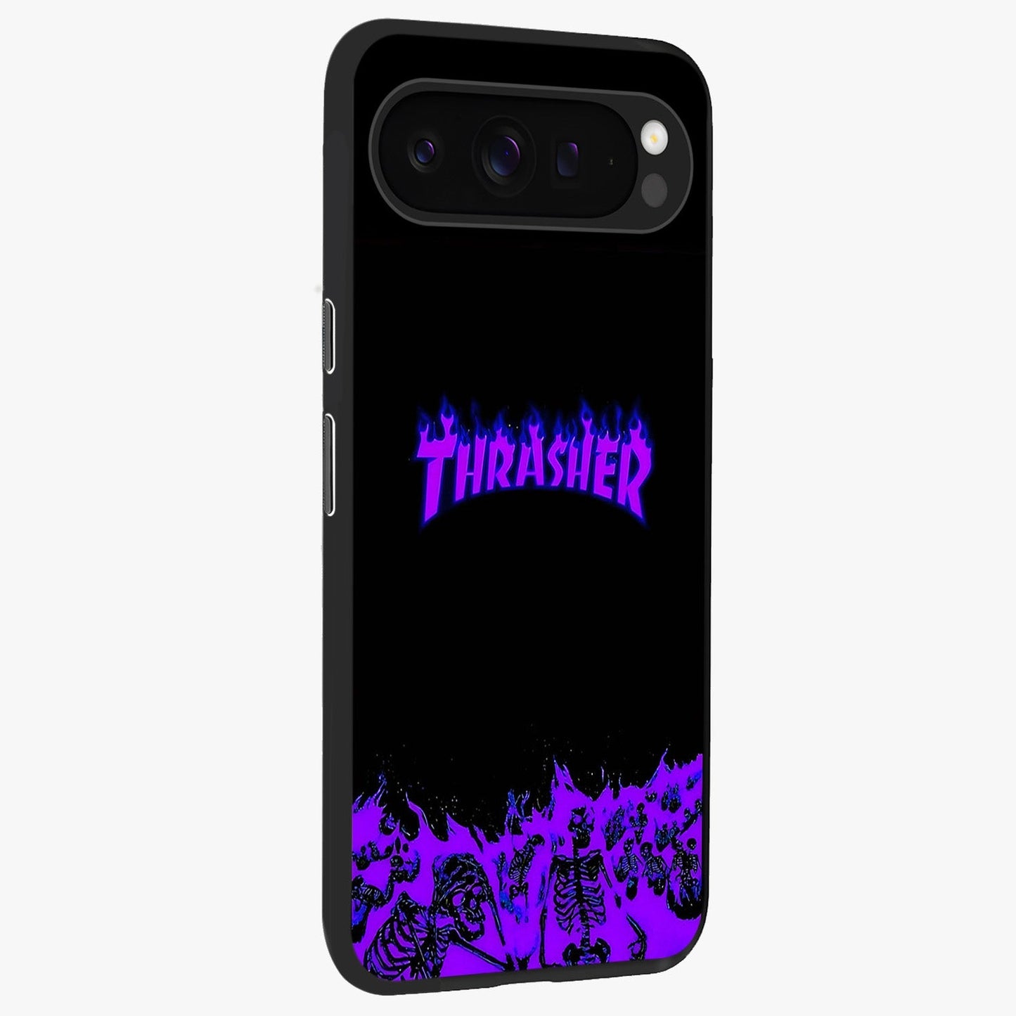 Neon Flame Riot Glass Case upright view showcasing dynamic flame artwork with energetic neon theme.