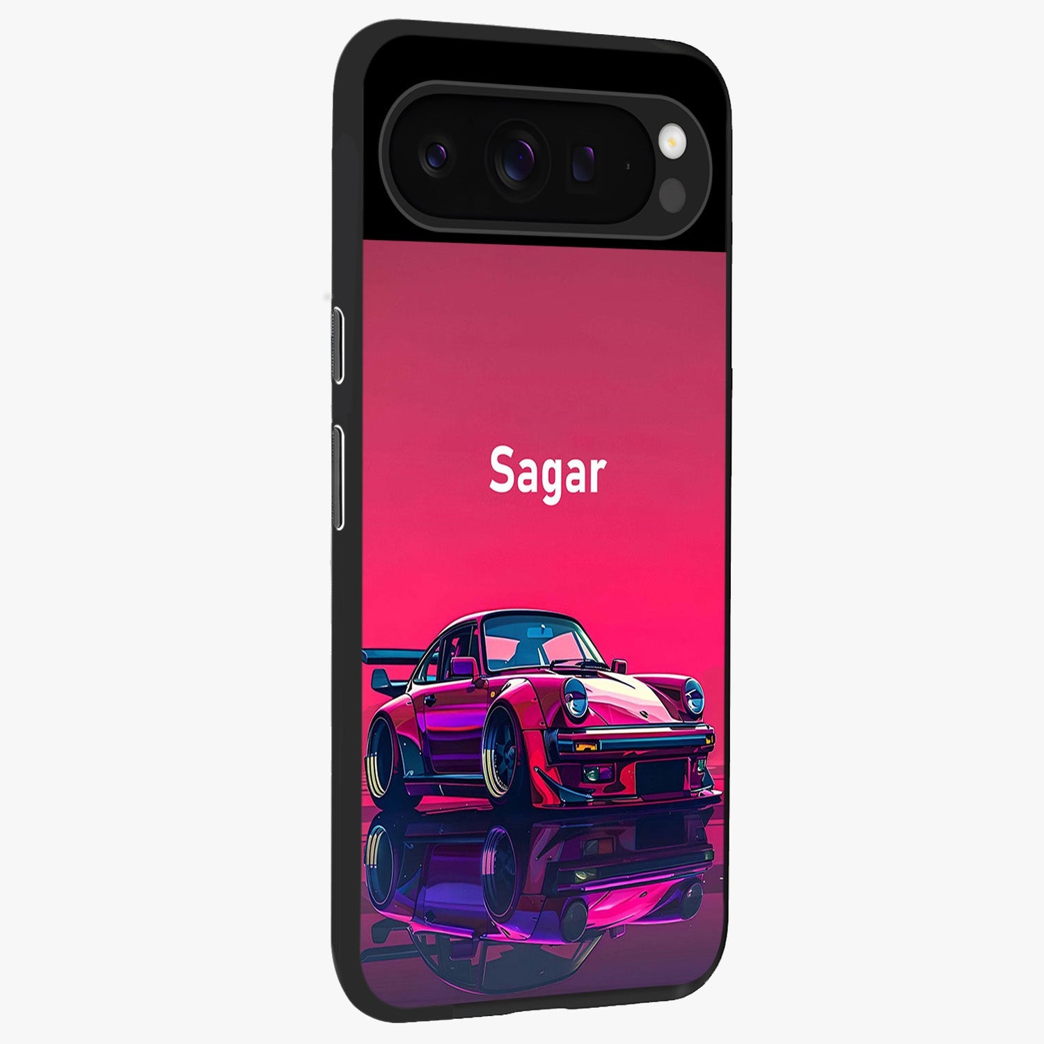 Neon Pink Porsche Glass Case upright view showcasing vibrant sports car artwork with bold automotive theme.