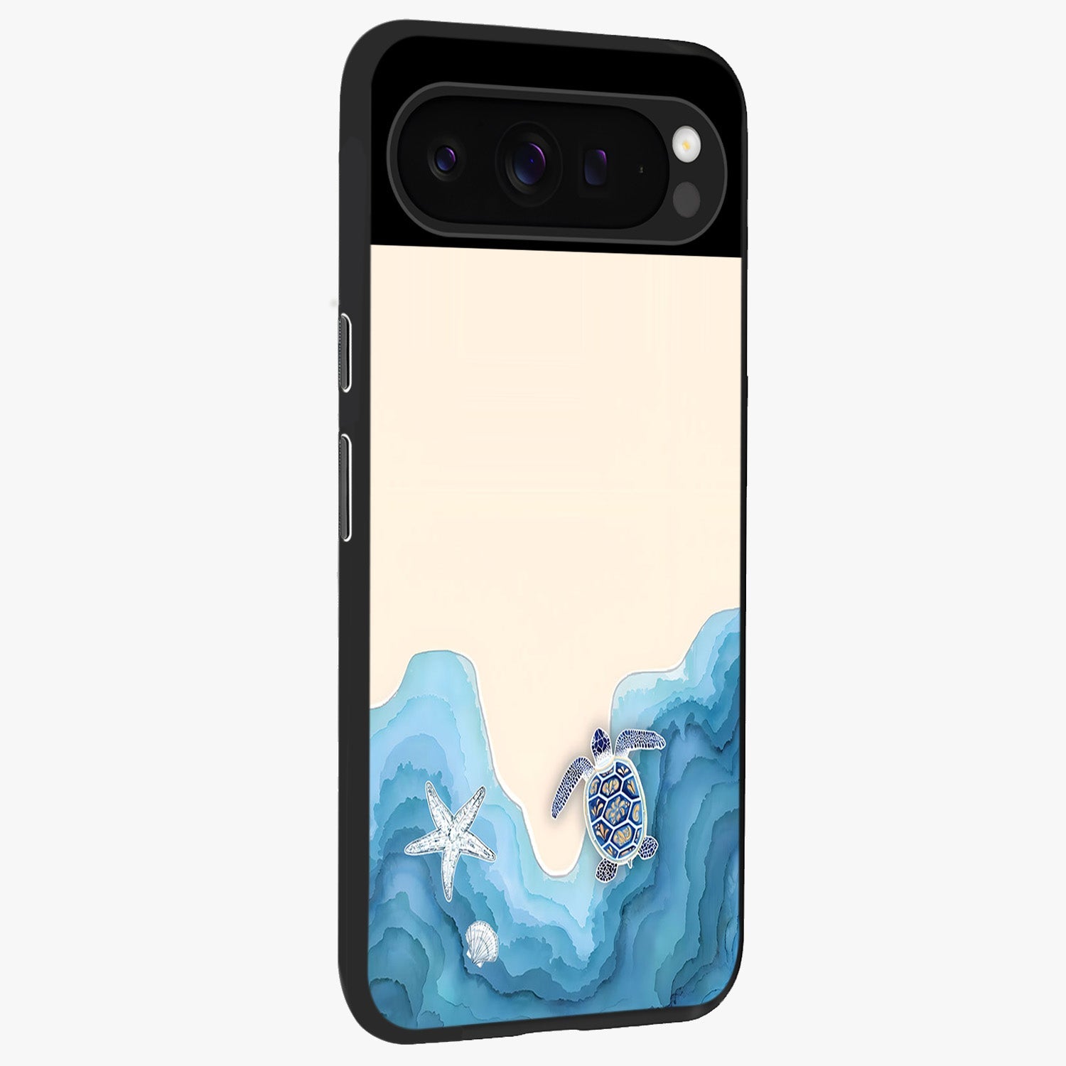 Ocean Drift Turtle Glass Case upright view showcasing calm underwater turtle artwork with nature inspired theme.