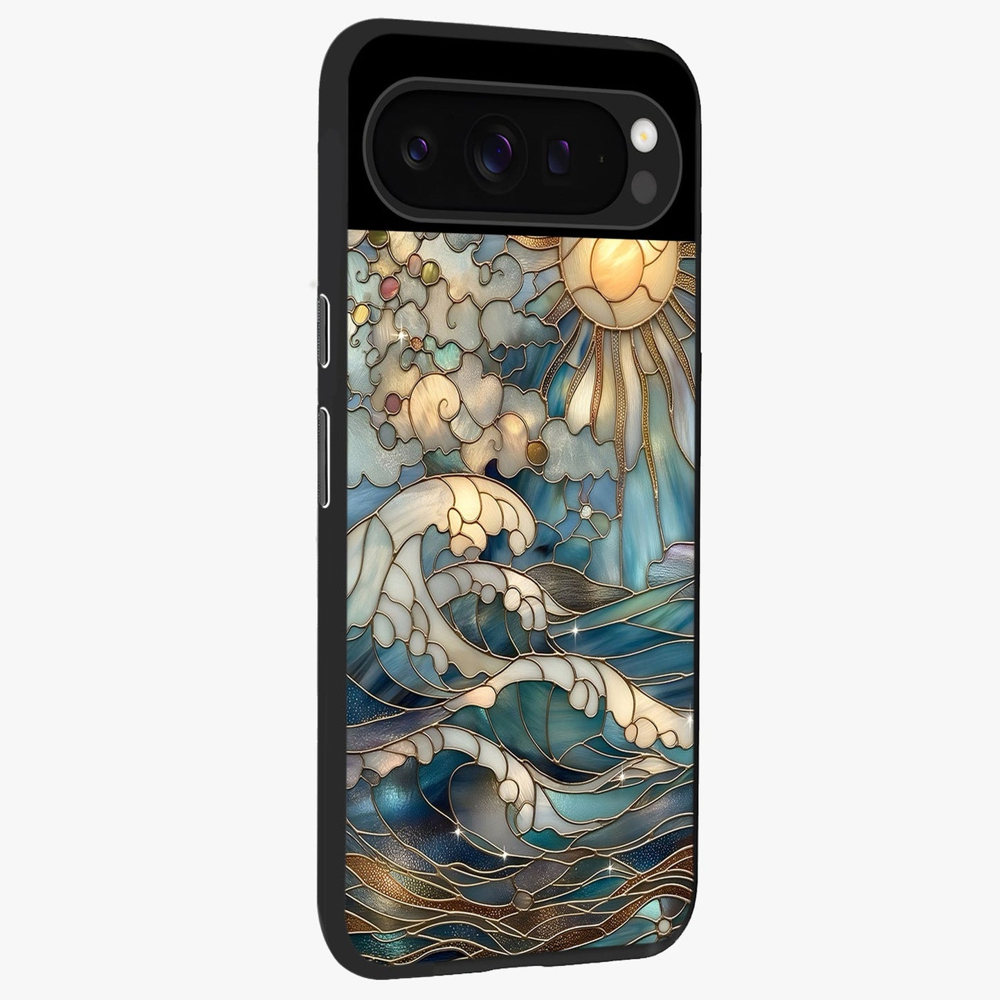 Oceanic Stained Printed Glass Case upright view showcasing decorative ocean pattern artwork with vibrant marine theme.