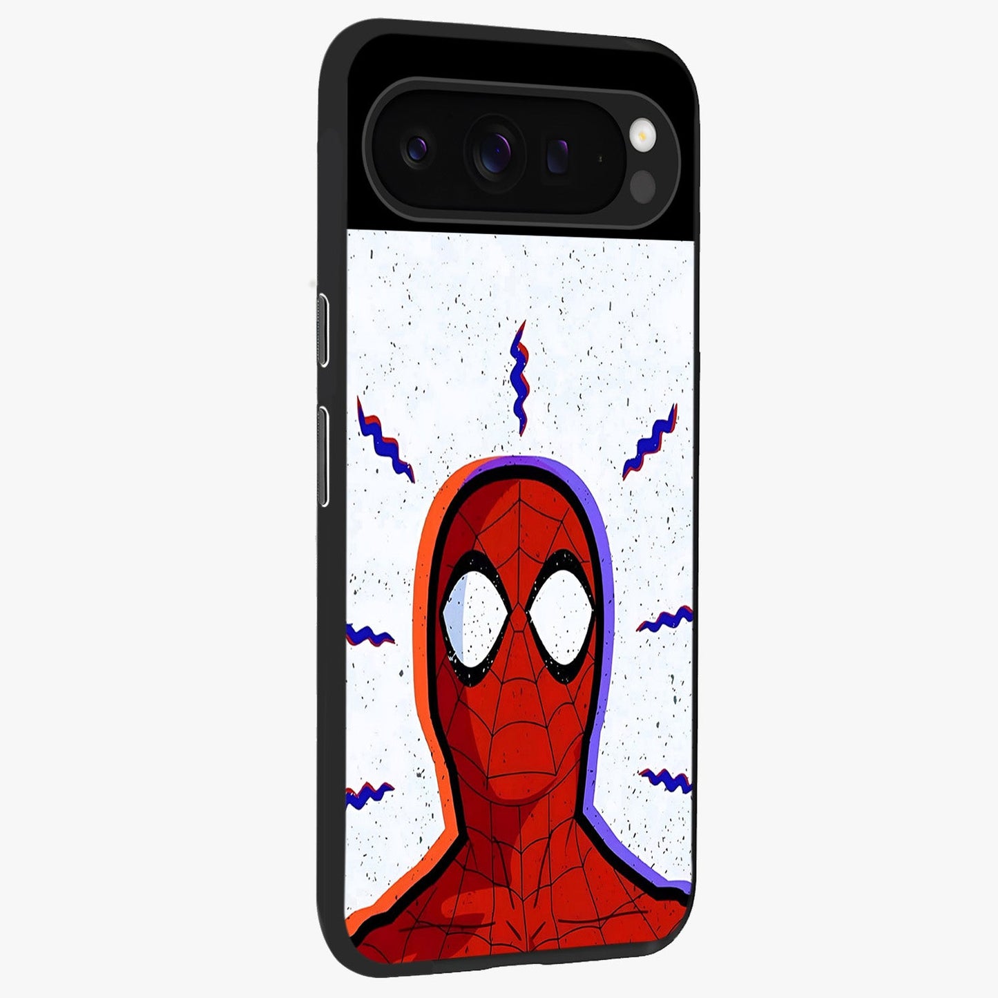 Omg Spiderman Glass Case upright view showcasing energetic superhero artwork with vibrant comic theme.