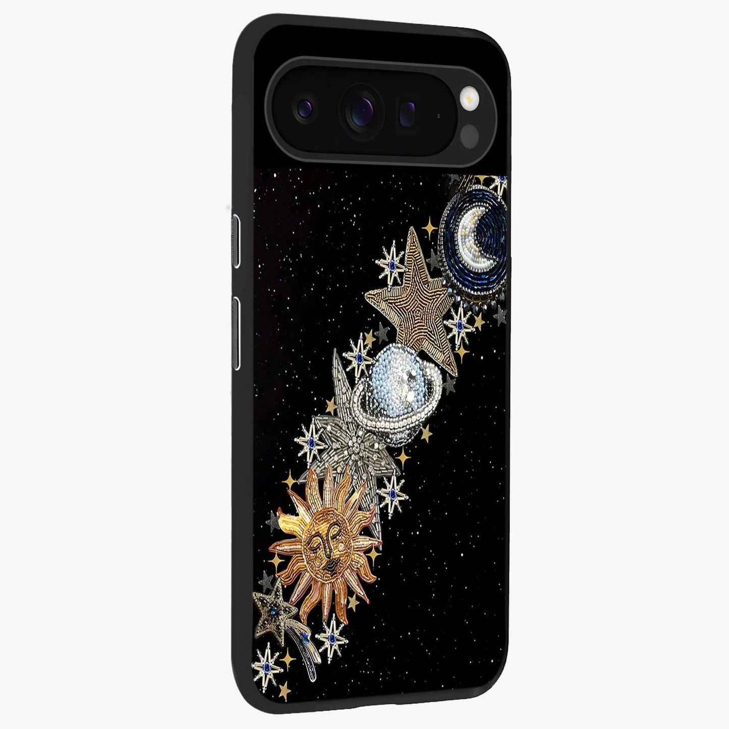 Pearls Universe Object Glass Case upright view showcasing decorative pearl themed artwork with cosmic elegance.