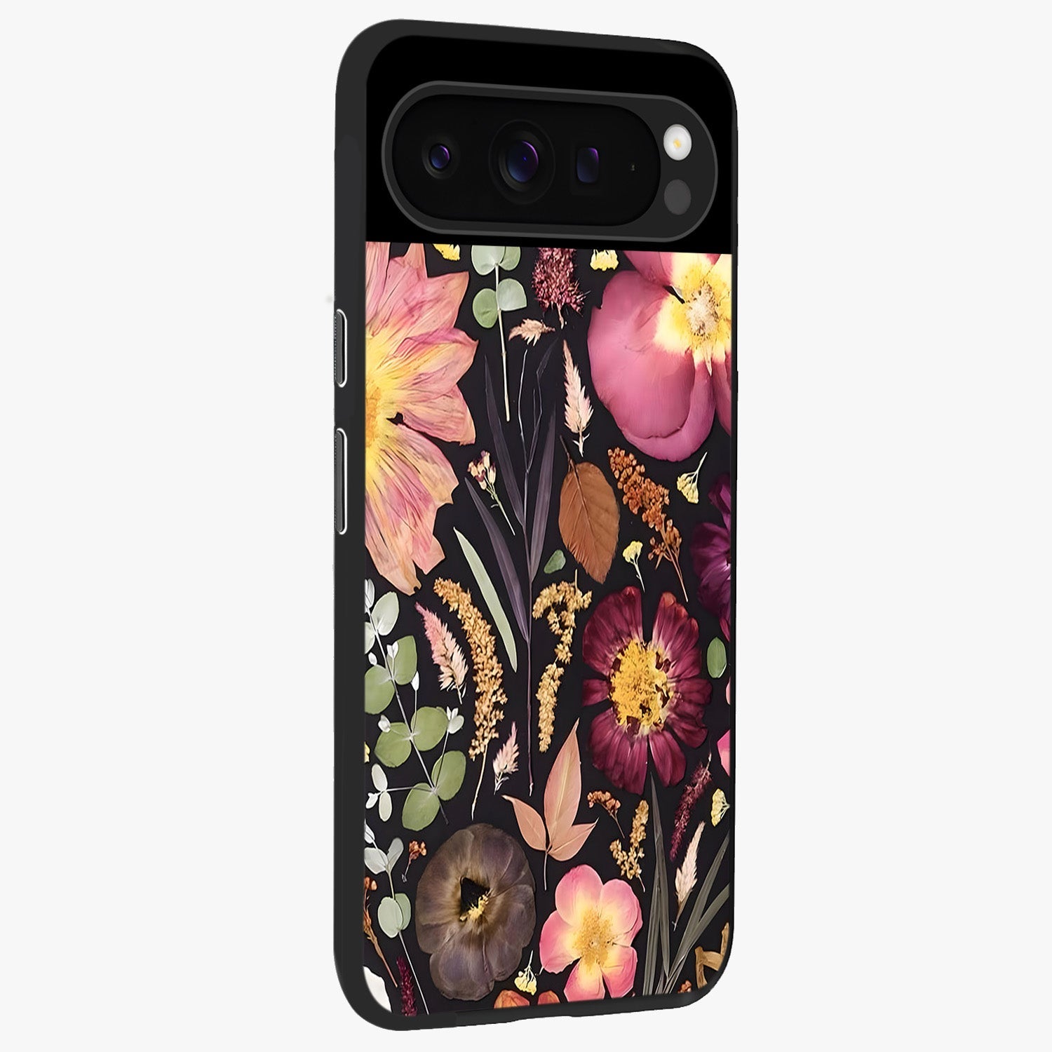 Petal Dream Tapestry Glass Case upright view showcasing detailed floral tapestry artwork with artistic nature theme.