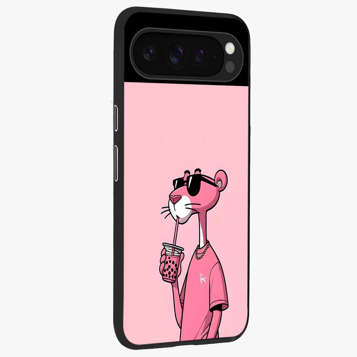 Pink Panther Glass Case upright view showcasing fun animated artwork with stylish retro cartoon theme.