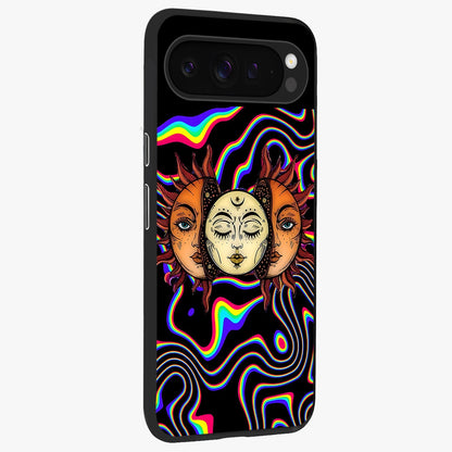 Psychedelic Sun Glass Case upright view showcasing trippy sun artwork with bold psychedelic theme.