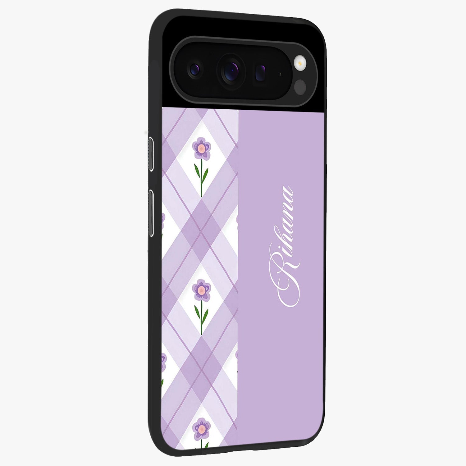 Purple Diamond Floral Glass Case upright view showcasing vibrant floral artwork with stylish geometric theme.