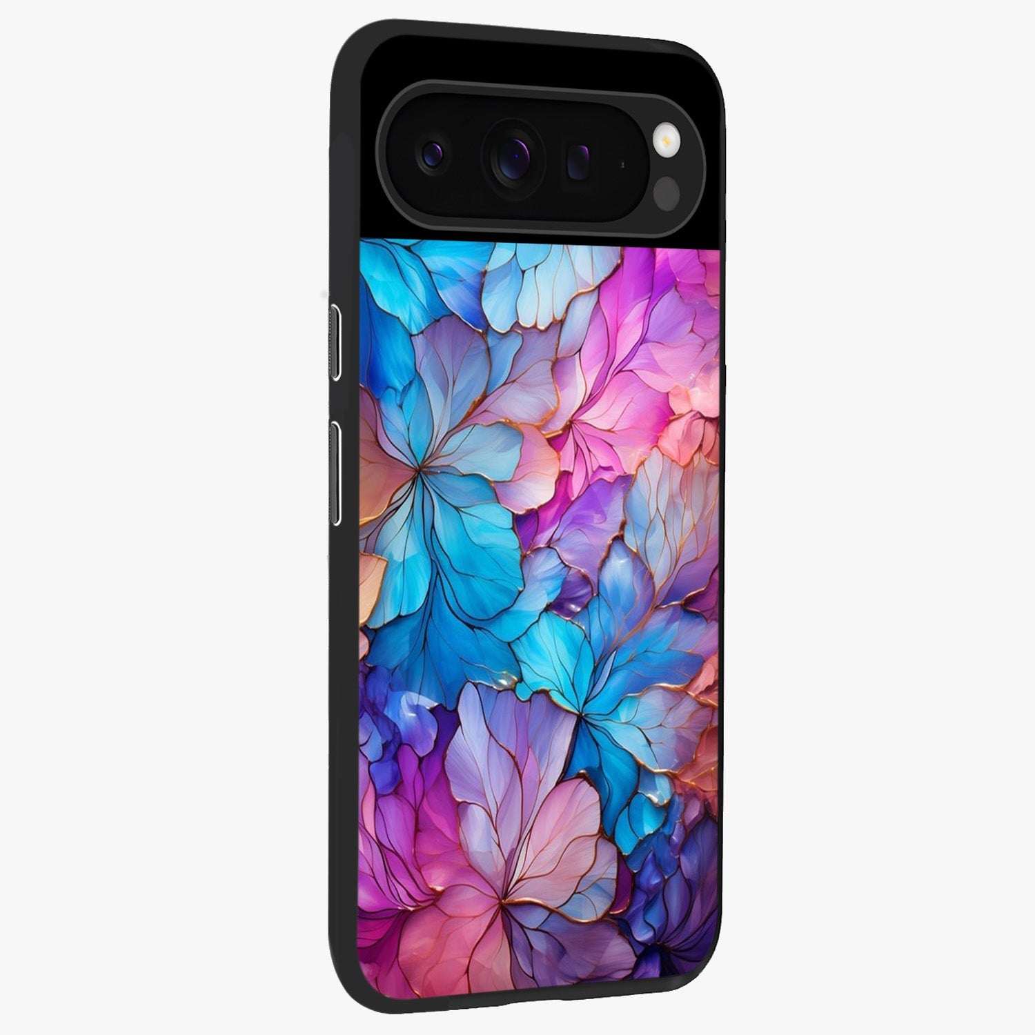 Radiant Floral Whirl Glass Case upright view showcasing lively floral artwork with decorative swirl theme.