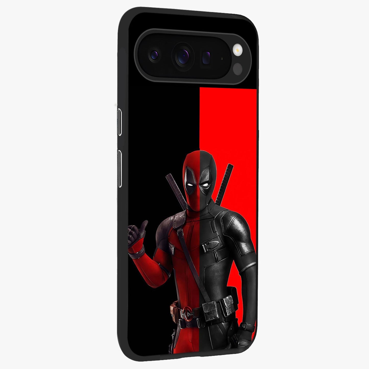 Red & Black Deadpool Theme Glass Case upright view showcasing energetic comic themed artwork with striking red and black design.