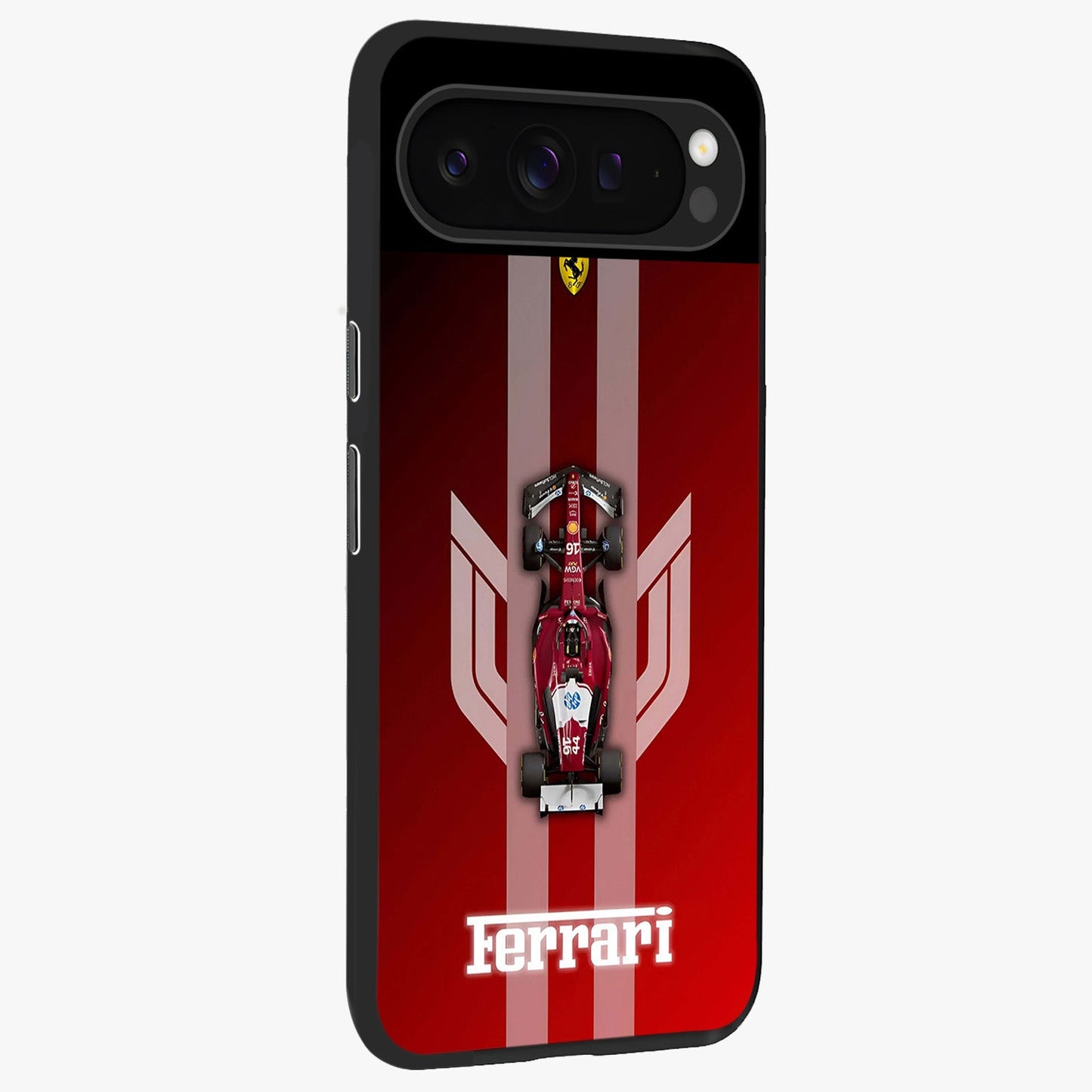 Red Ferrari F1 Vertical Glass Case upright view showcasing powerful Formula car artwork with dynamic motorsport theme.