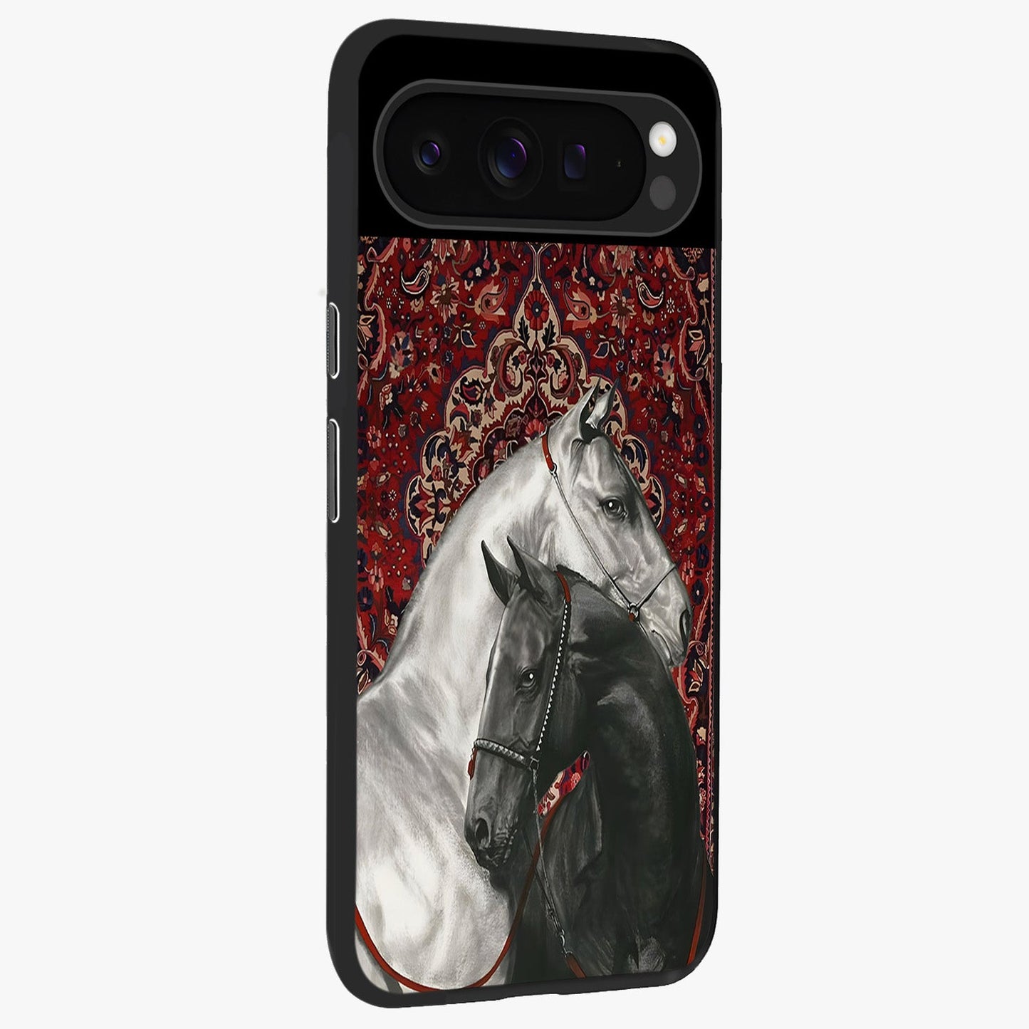 Regal Stallion Tapestry Glass Case upright view showcasing powerful horse artwork with elegant tapestry theme.