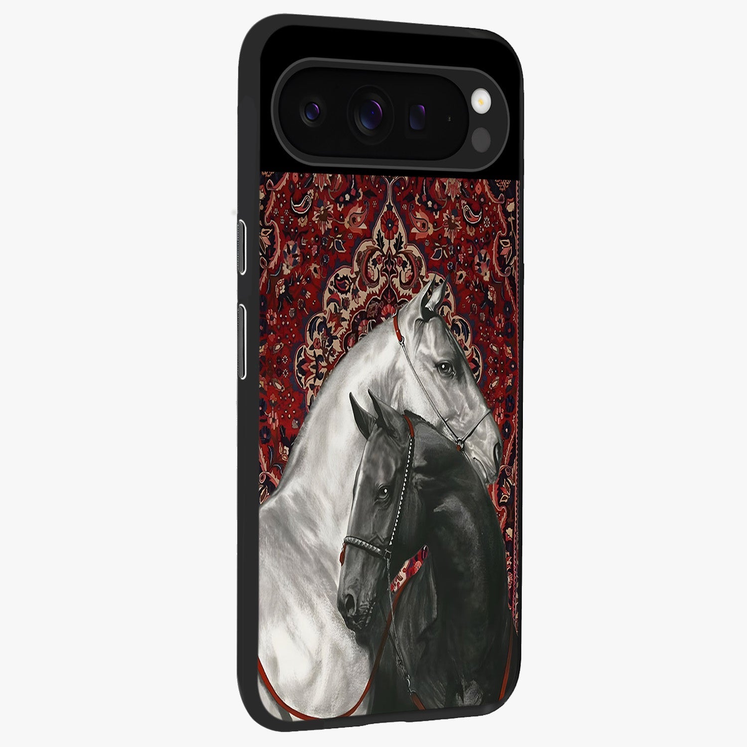 Regal Stallion Tapestry Glass Case upright view showcasing powerful horse artwork with elegant tapestry theme.
