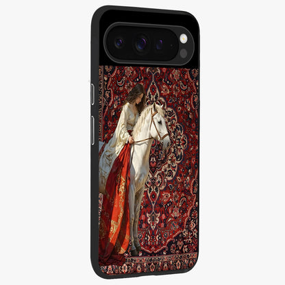Royal Rider Tapestry Glass Case upright view showcasing detailed rider artwork with classic tapestry theme.