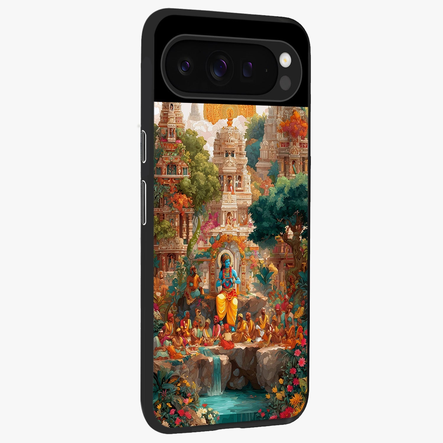 Sacred Sunlight Gods Glass Case upright view showcasing glowing divine artwork with sacred mythological theme.