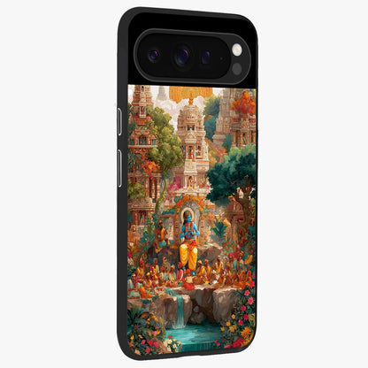 Sacred Sunlight Gods Glass Case upright view showcasing glowing divine artwork with sacred mythological theme.