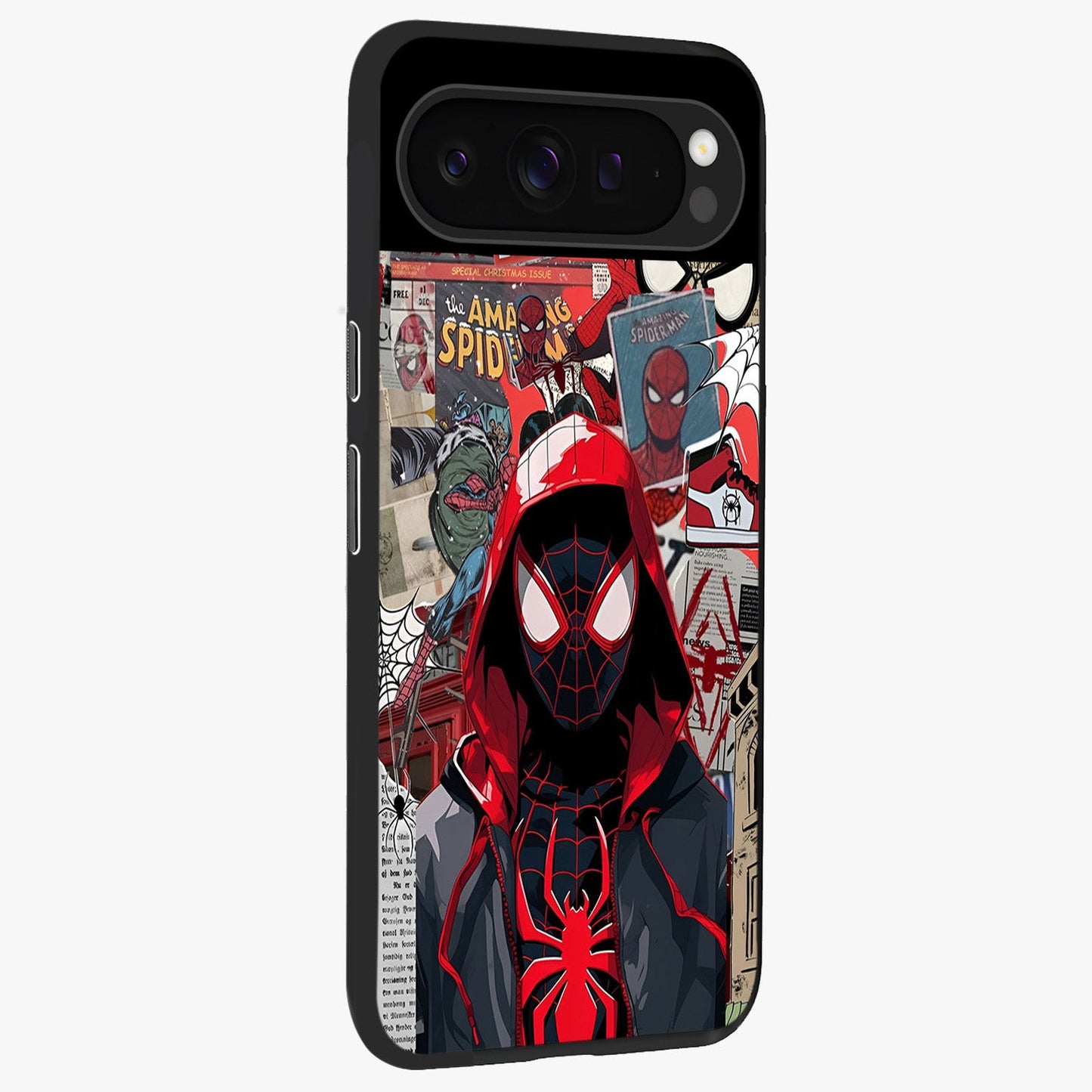 Spider Collage Street Glass Case upright view showcasing bold superhero artwork with urban street theme.
