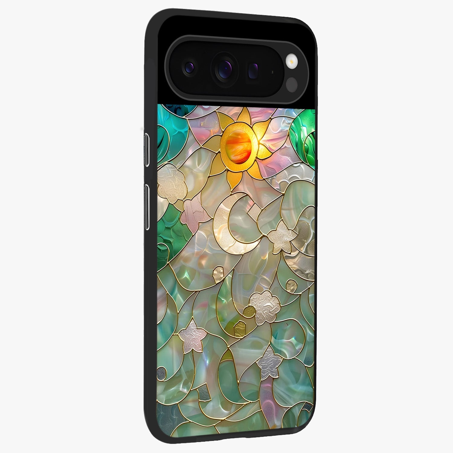 Stained Sunrise Glow Glass Case upright view showcasing colorful sunrise artwork with warm morning theme.