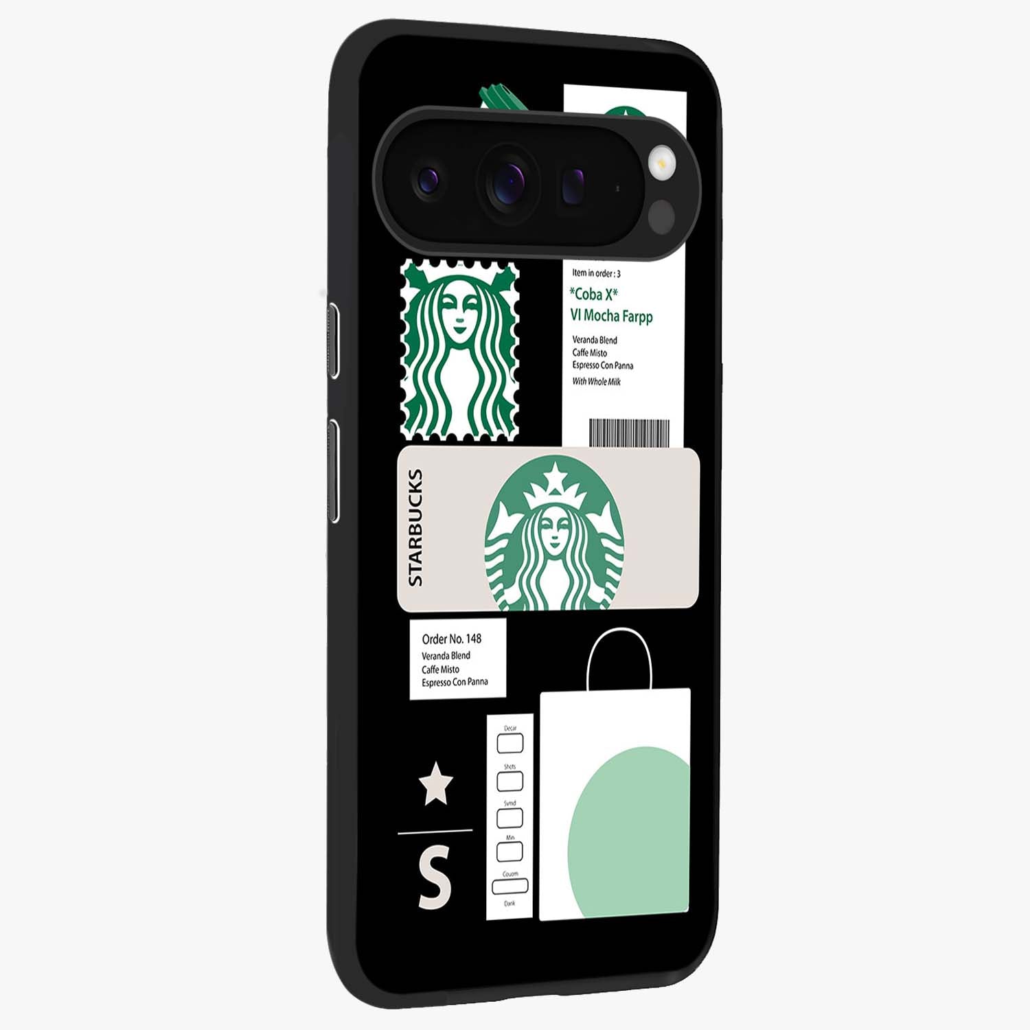 Starbucks Mocha Glass Case upright view showcasing trendy coffee inspired artwork with modern lifestyle theme.