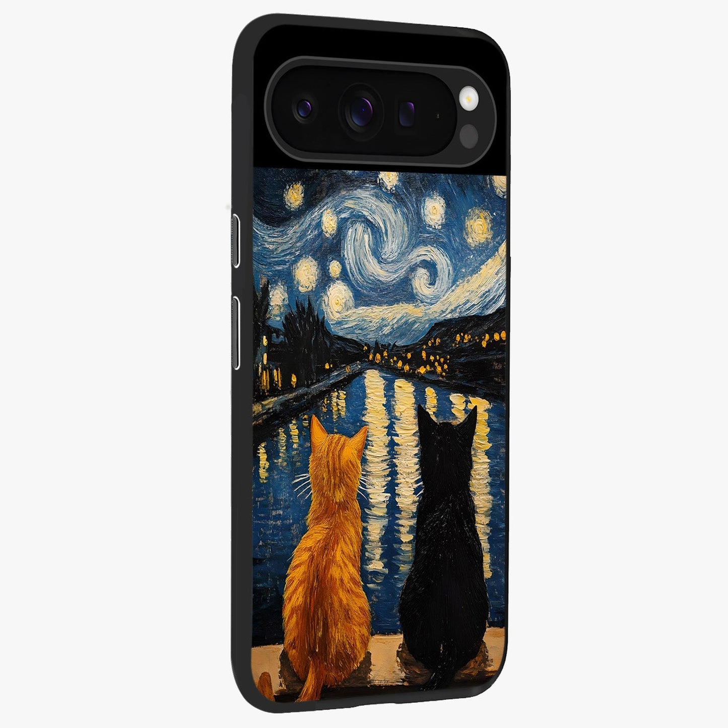 Starry River Cats Glass Case upright view showcasing adorable cat artwork with magical river and stars theme.