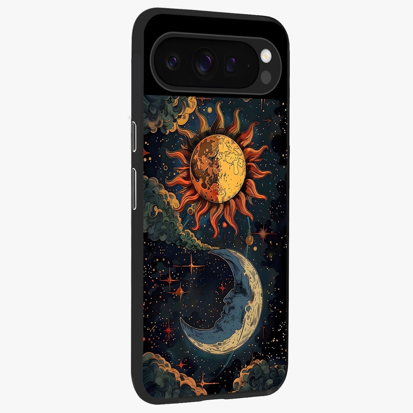 Sun And Moon Magic Design Glass Case upright view showcasing decorative sun and moon artwork with spiritual celestial theme.