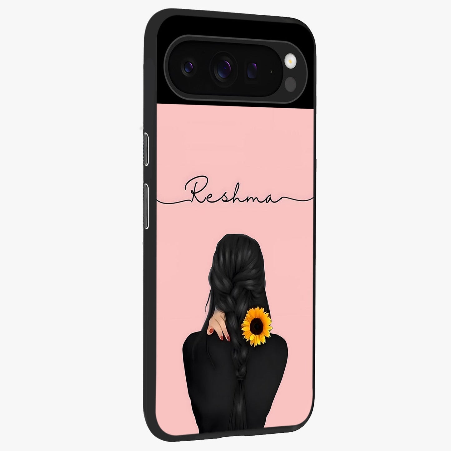 Sunflower Braid Beauty With Custom Name Glass Case upright view showcasing bright sunflower artwork with personalized floral aesthetic.