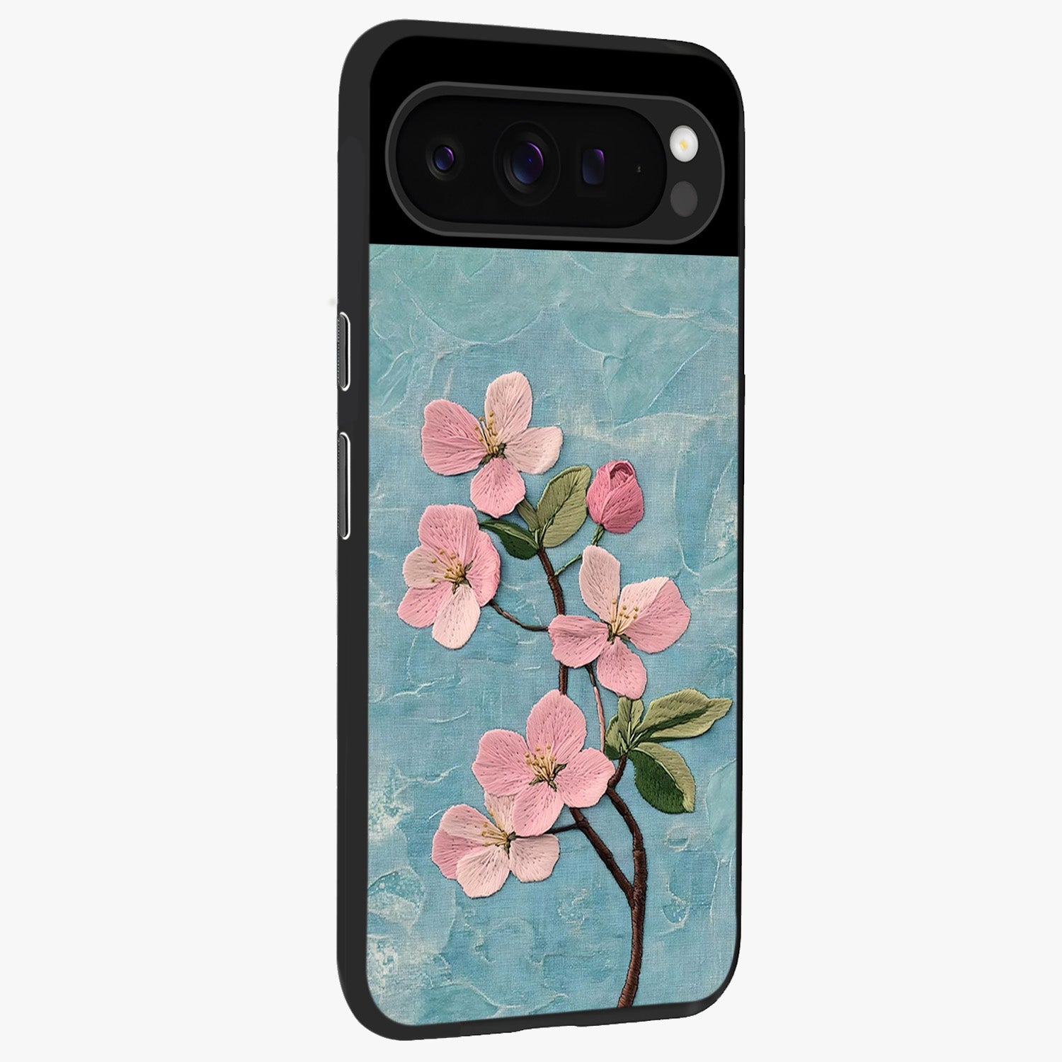 Threaded Blossom Breeze Glass Case upright view showcasing graceful flower artwork with calm botanical theme.