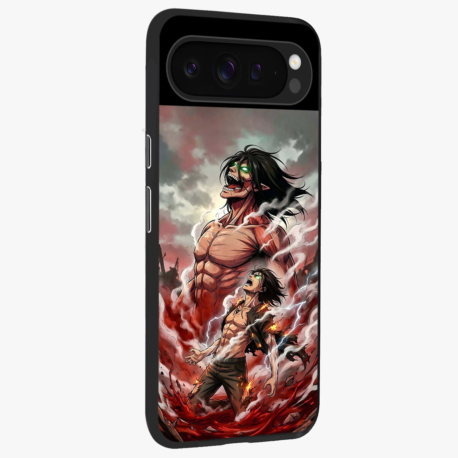 Titan Awakening Fury Glass Case upright view showcasing intense titan artwork with epic fantasy theme.