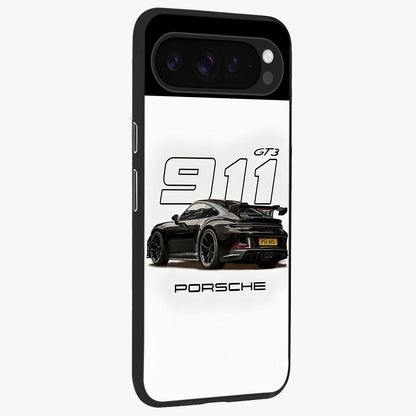 Turbo Legacy Icon Glass Case upright view showcasing bold racing inspired artwork with classic car theme.