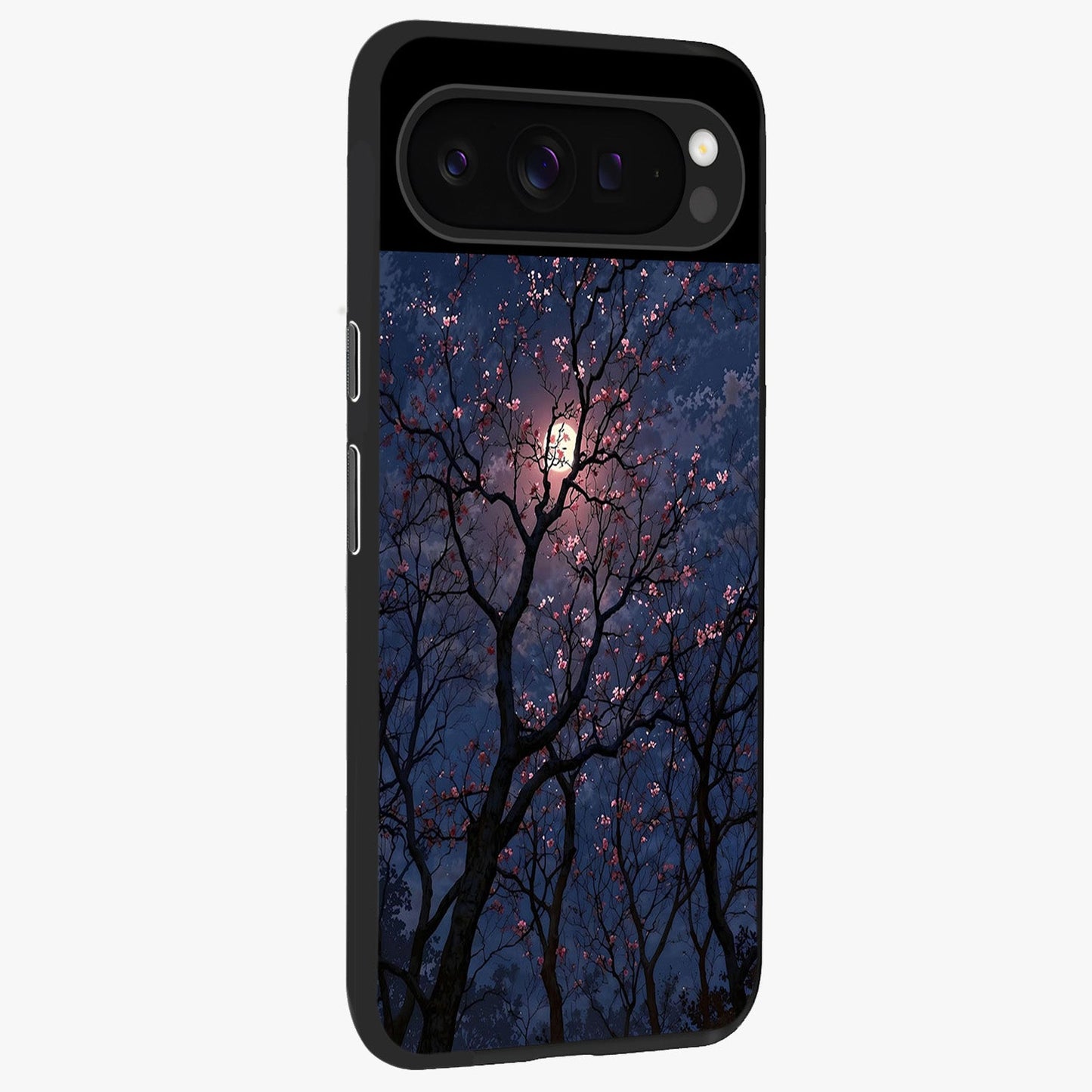 Twilight Sakura Serenade Glass Case upright view showcasing beautiful cherry blossom artwork with serene evening theme.