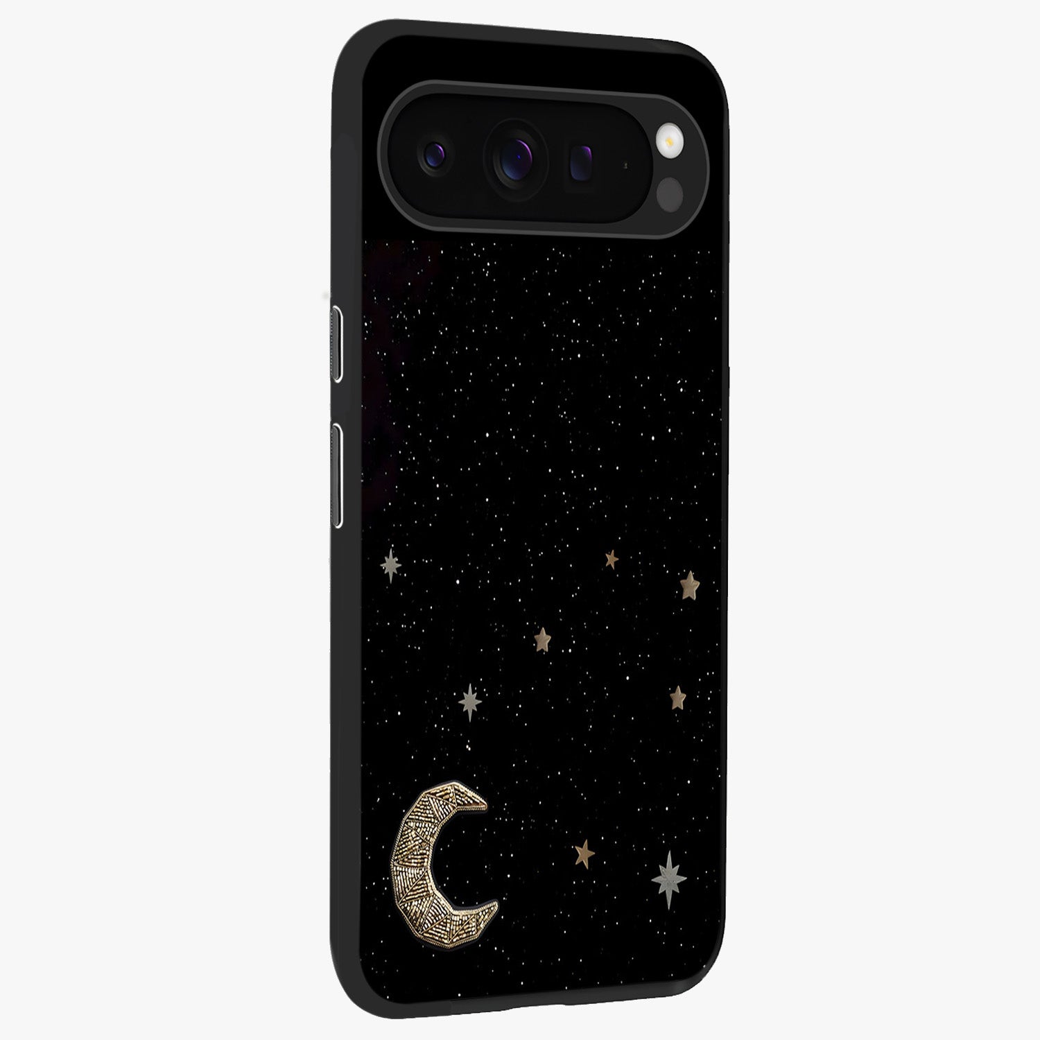 Twinkle Star With Half Moon Glass Case upright view showcasing glowing cosmic artwork with dreamy night theme.