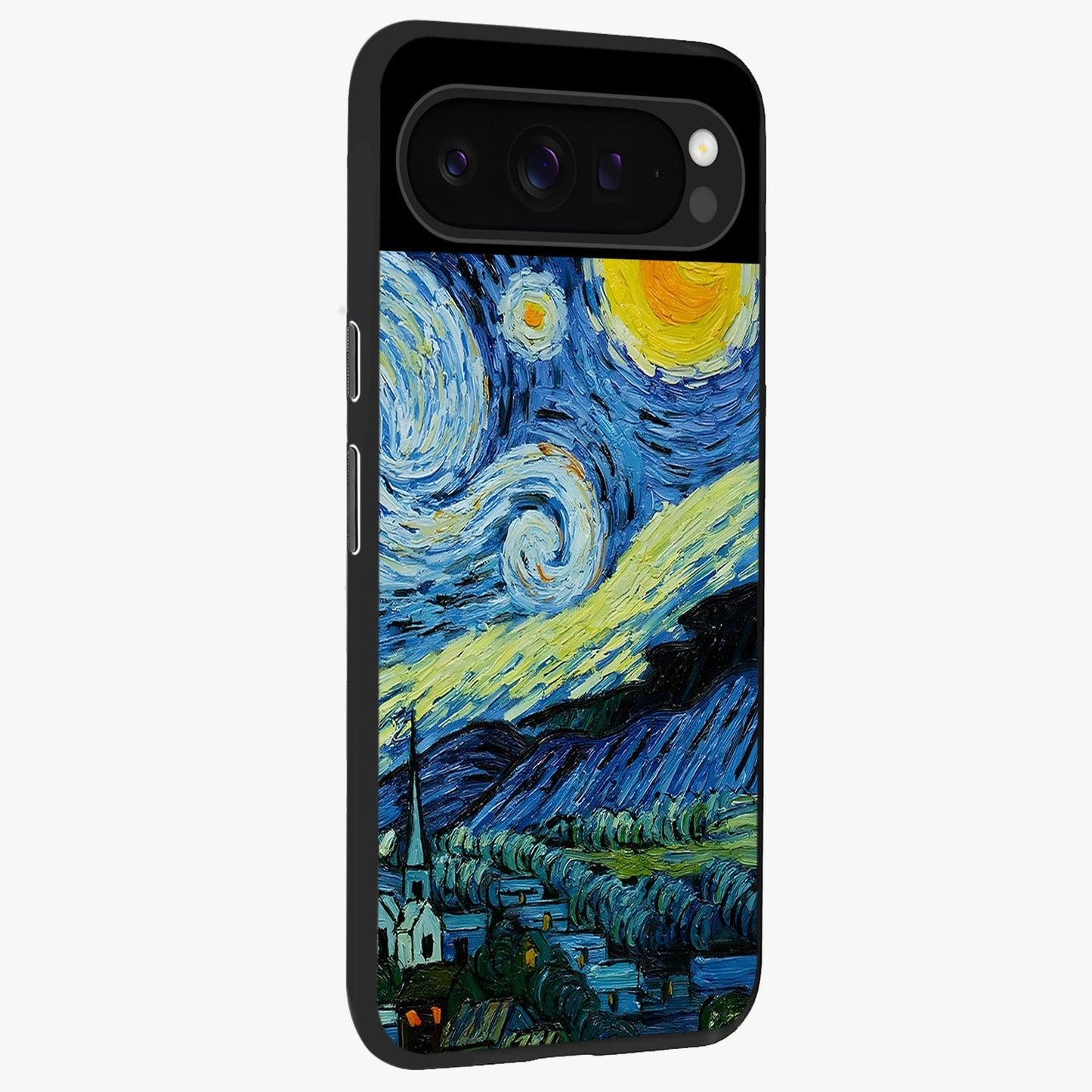 Van Gogh Art Glass Case upright view showcasing expressive painting style artwork with timeless artistic theme.