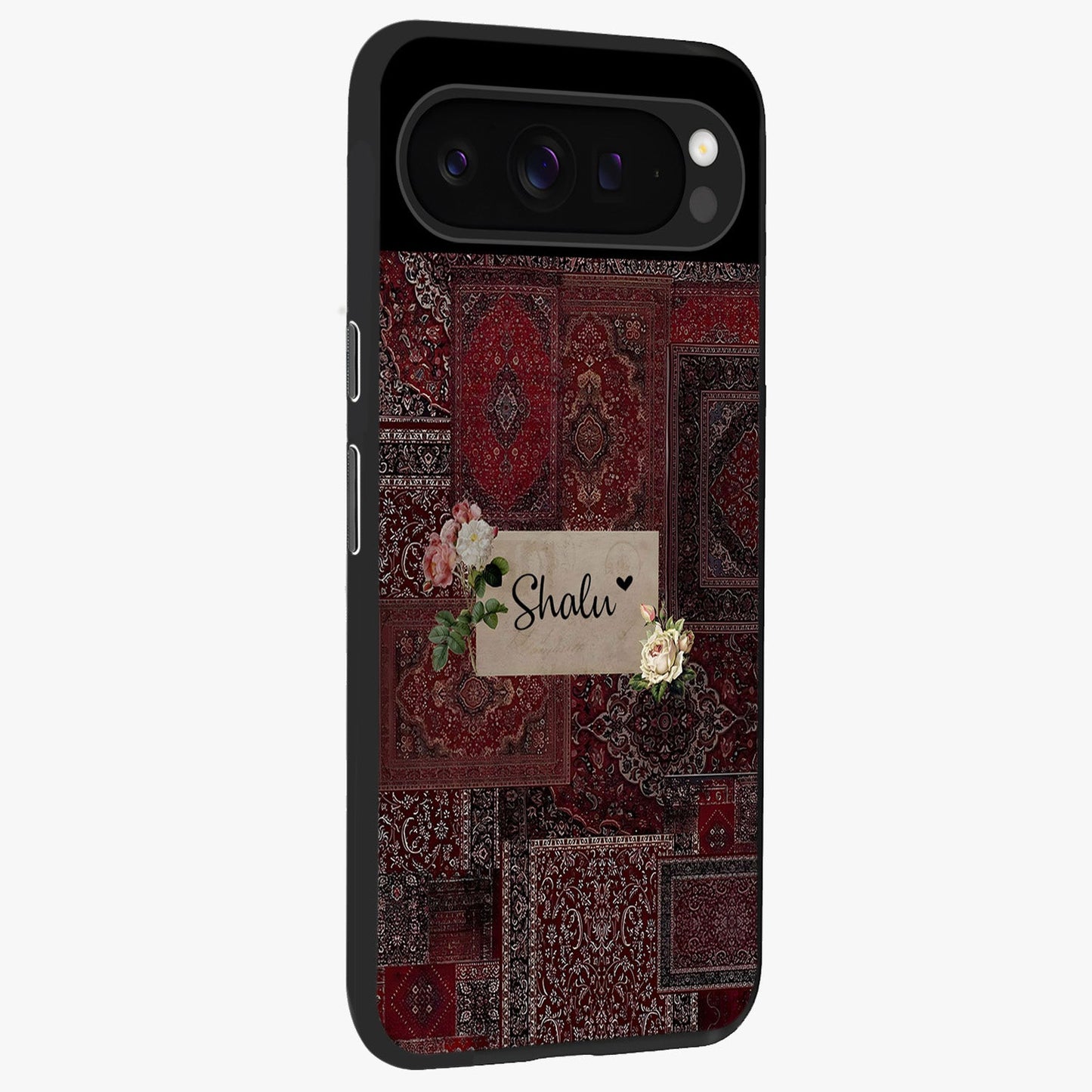 Velvet Wine Pattern Custom Name Glass Case upright view showcasing luxurious wine toned artwork with personalized aesthetic.