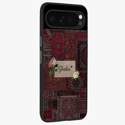 Velvet Wine Pattern Custom Name Glass Case upright view showcasing luxurious wine toned artwork with personalized aesthetic.