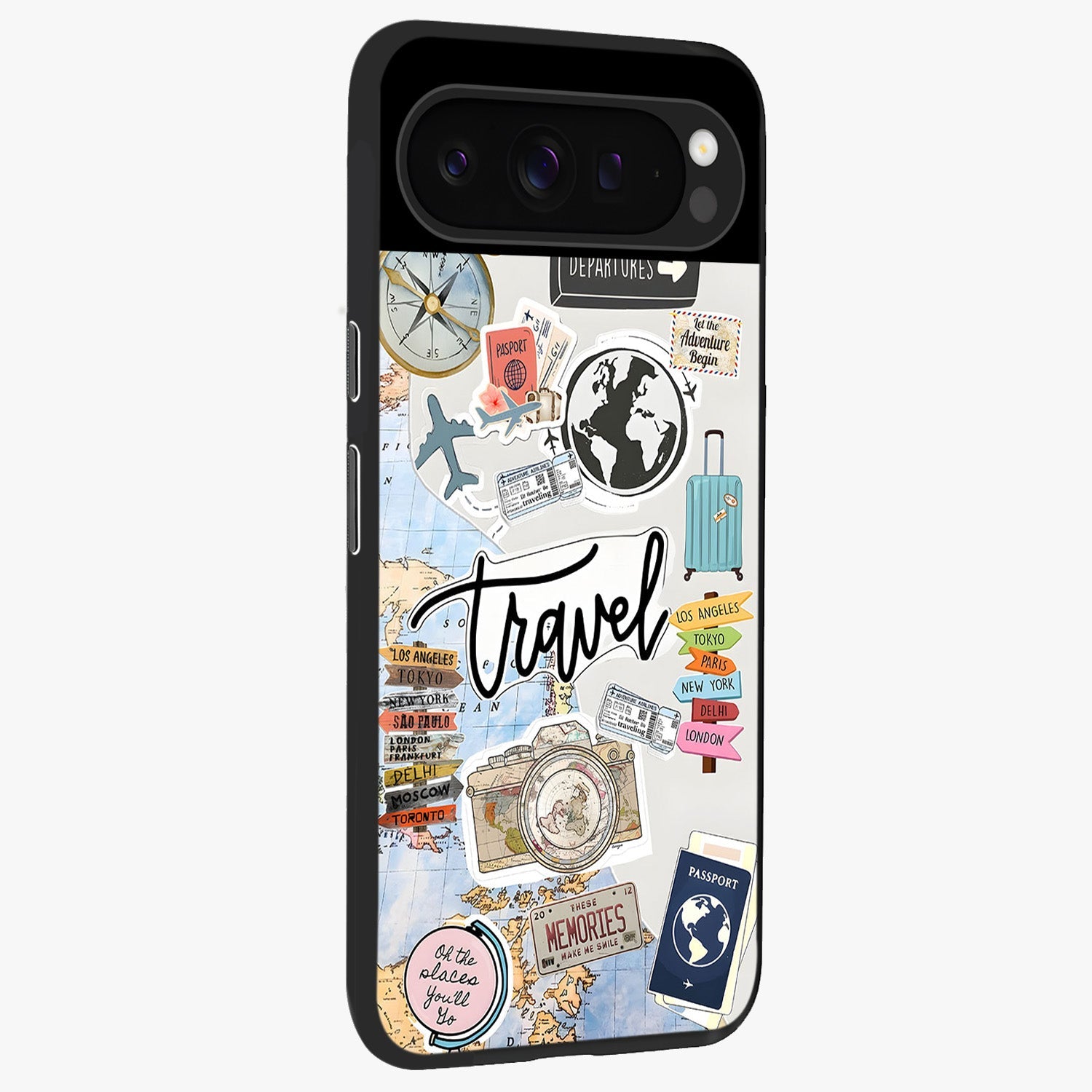 Wanderlust Journal Glass Case upright view showcasing wanderlust inspired artwork with creative exploration theme.