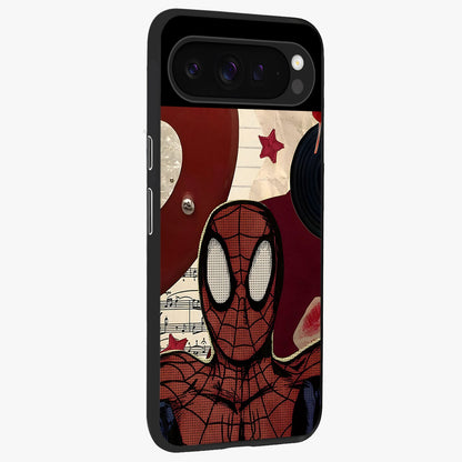 Web Warrior Vibes Glass Case upright view showcasing energetic superhero artwork with bold action theme.