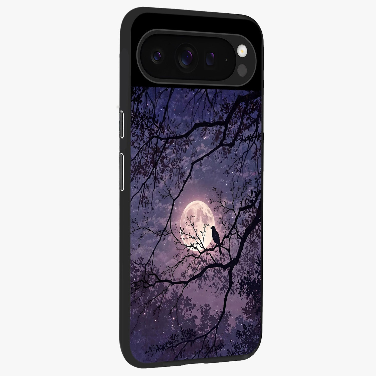 Whispering Moon Silence Glass Case upright view showcasing peaceful moon artwork with tranquil celestial theme.