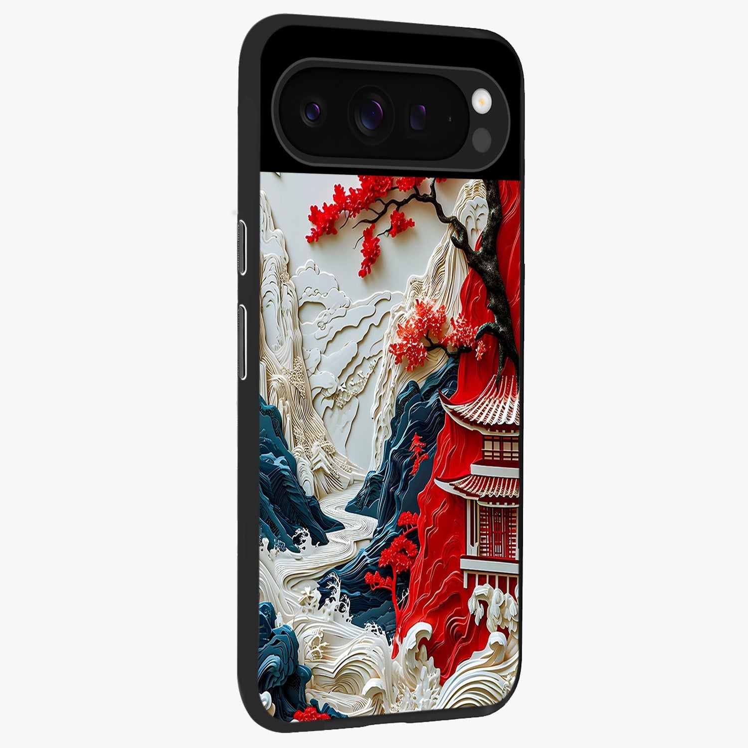 Whispers Of Sakura Waves Glass Case upright view showcasing delicate cherry blossom artwork with elegant nature theme.
