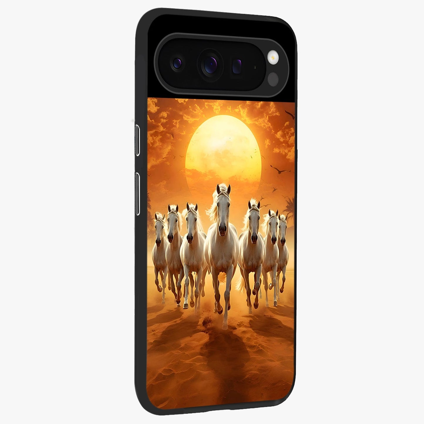 Wild Sunset Majesty Glass Case upright view showcasing dramatic sunset artwork with bold nature theme.