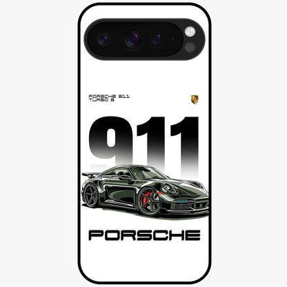 911 Turbo Dominance Glass Case showing clean flat back view with bold 911 sports car artwork and glossy glass finish.