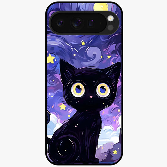 Abstract Cat Art Glass Case showing flat back view with artistic cat illustration and glossy glass finish.