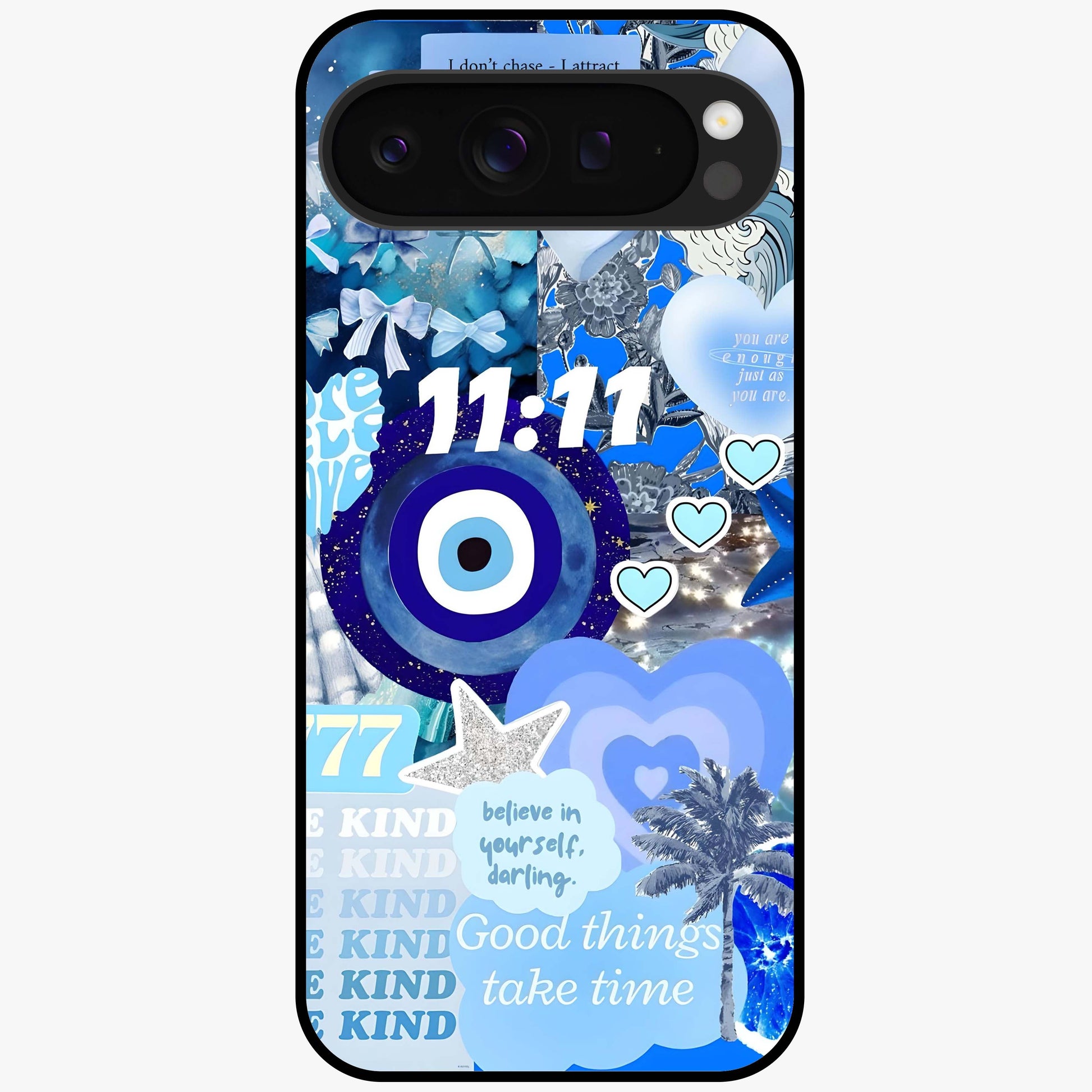 Aesthetic Be Kind Eye Glass Case showing flat back view with motivational eye artwork and glossy glass finish.