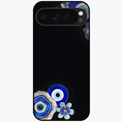 Aesthetic Blue Evil Eye Glass Case showing flat back view with protective evil eye artwork and glossy glass finish.