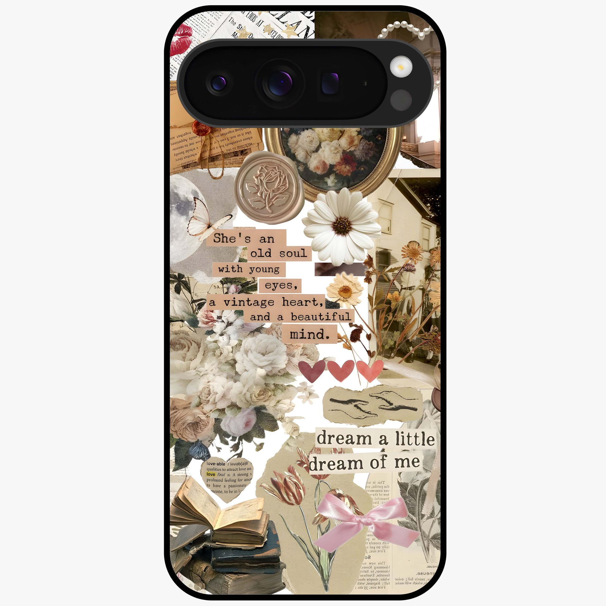 Aesthetic Brown Vintage Collage Glass Case showing flat back view with retro collage artwork and glossy glass finish.