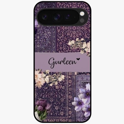 Antique Floral Whisper Custom Name Glass Case showing flat back view with vintage floral artwork and personalized name design.