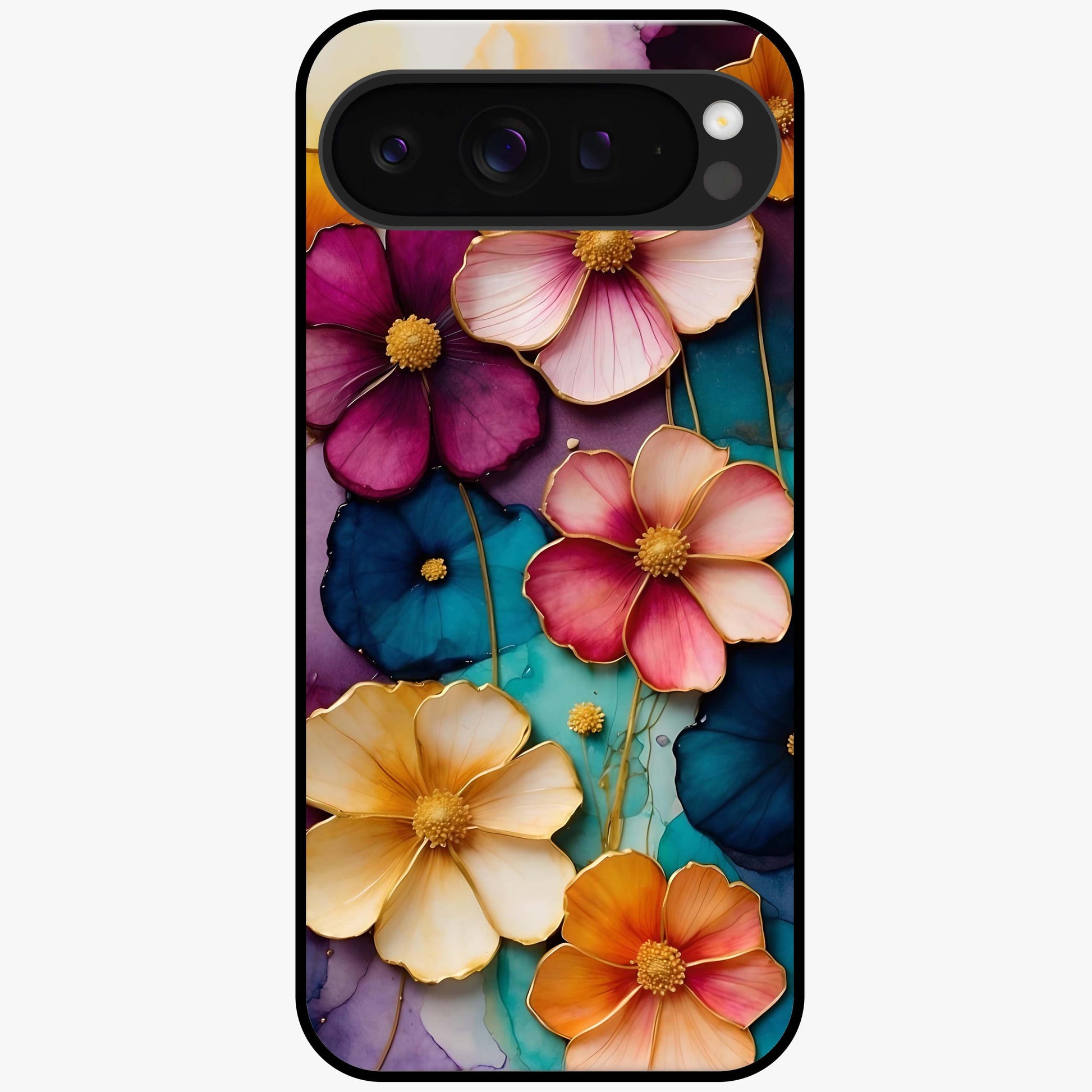 Artlyn Grace Flower Pattern Glass Case showing flat back view with elegant floral pattern artwork and glossy glass finish.