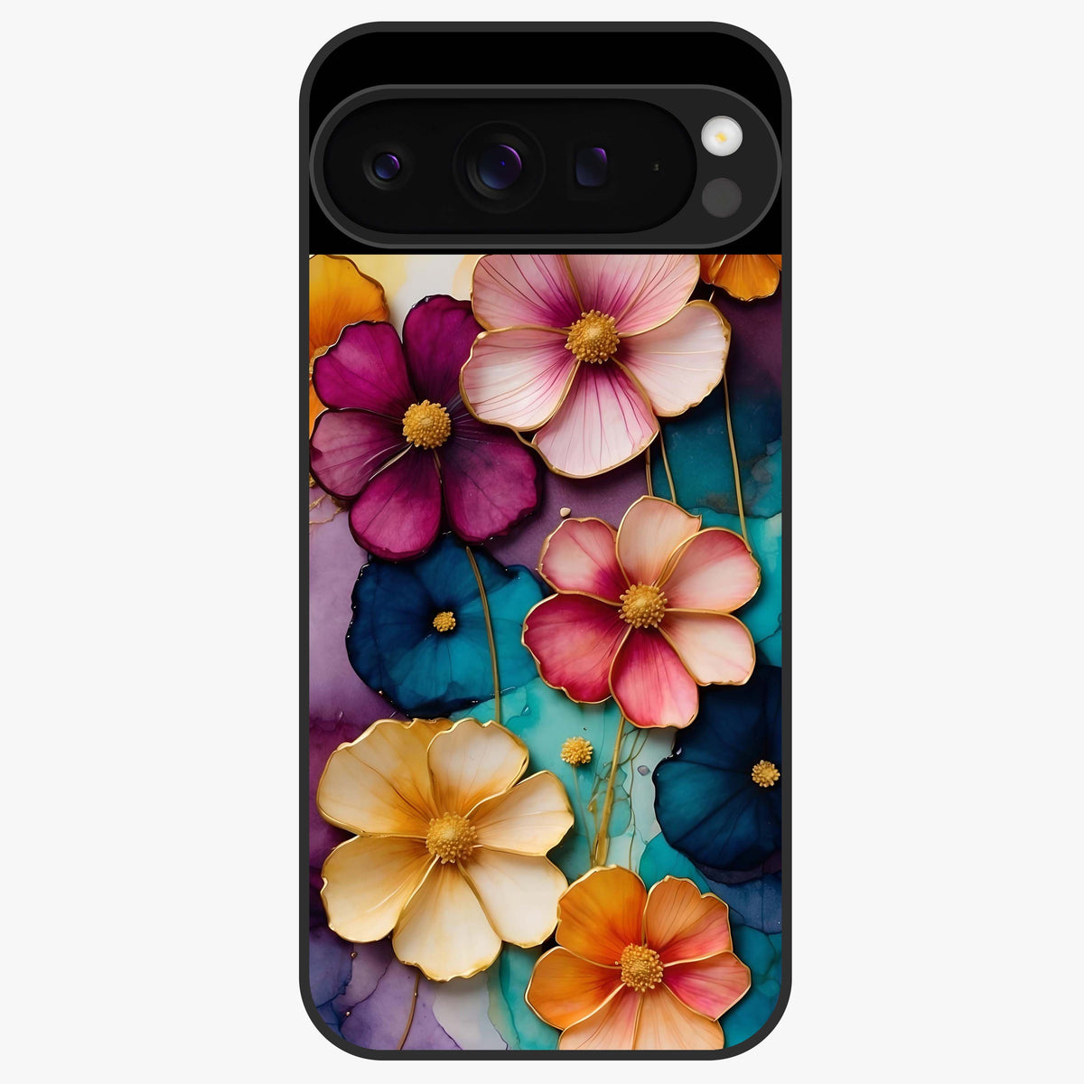 Artlyn Grace Flower Pattern Glass Case showing flat back view with elegant floral pattern artwork and glossy glass finish.