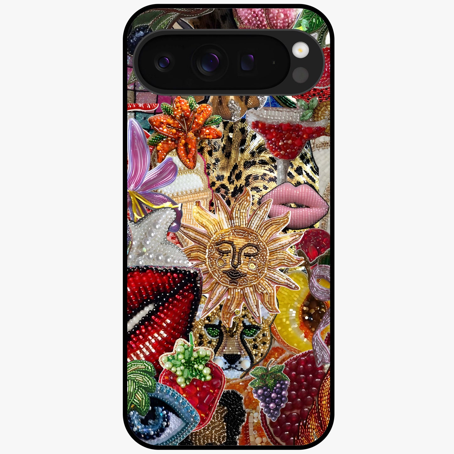 Beaded Fashion Jungle Glass Case showing flat back view with vibrant jungle inspired bead artwork and glossy glass finish.