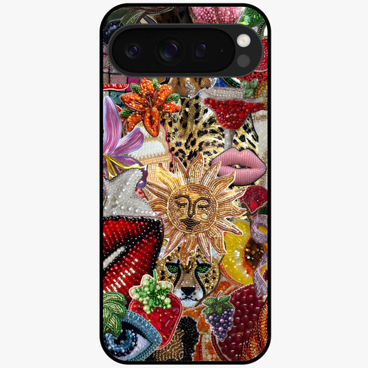 Beaded Fashion Jungle Glass Case showing flat back view with vibrant jungle inspired bead artwork and glossy glass finish.